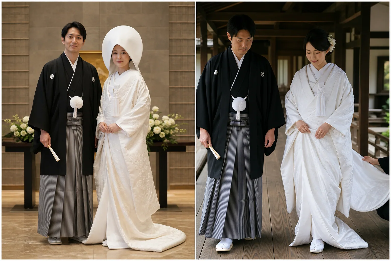 白無垢を着た花嫁の全身を二場面で並べたイメージ図。打掛・掛下・帯・小物まで白で統一した、最も格の高い婚礼和装の様子がわかる