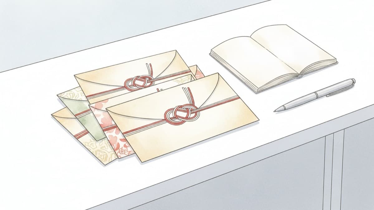 水引を結んだご祝儀袋が重ねられ、隣に開いたノートとペンが置かれた机のイラスト。ご祝儀総額を整理して自己負担額を見積もる場面