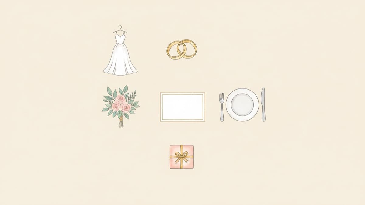 結婚式費用の内訳項目をイメージした俯瞰イラスト。ウエディングドレス、結婚指輪、ブーケ、招待状のカード、料理の皿とカトラリー、引き出物のギフトボックスが整然と並ぶ