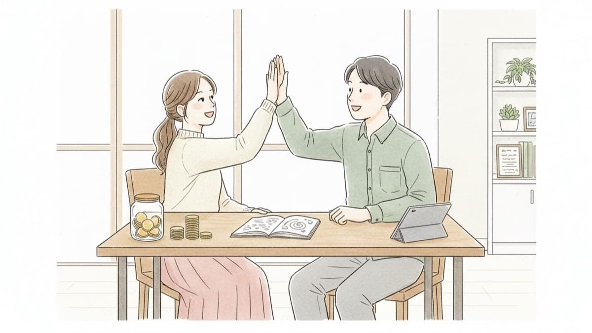 家計ノートと貯金の瓶、積み上げたコインを前にハイタッチする現代のカップルのイラスト。招待人数と予算の方針が決まり、自己負担の見通しが立った場面
