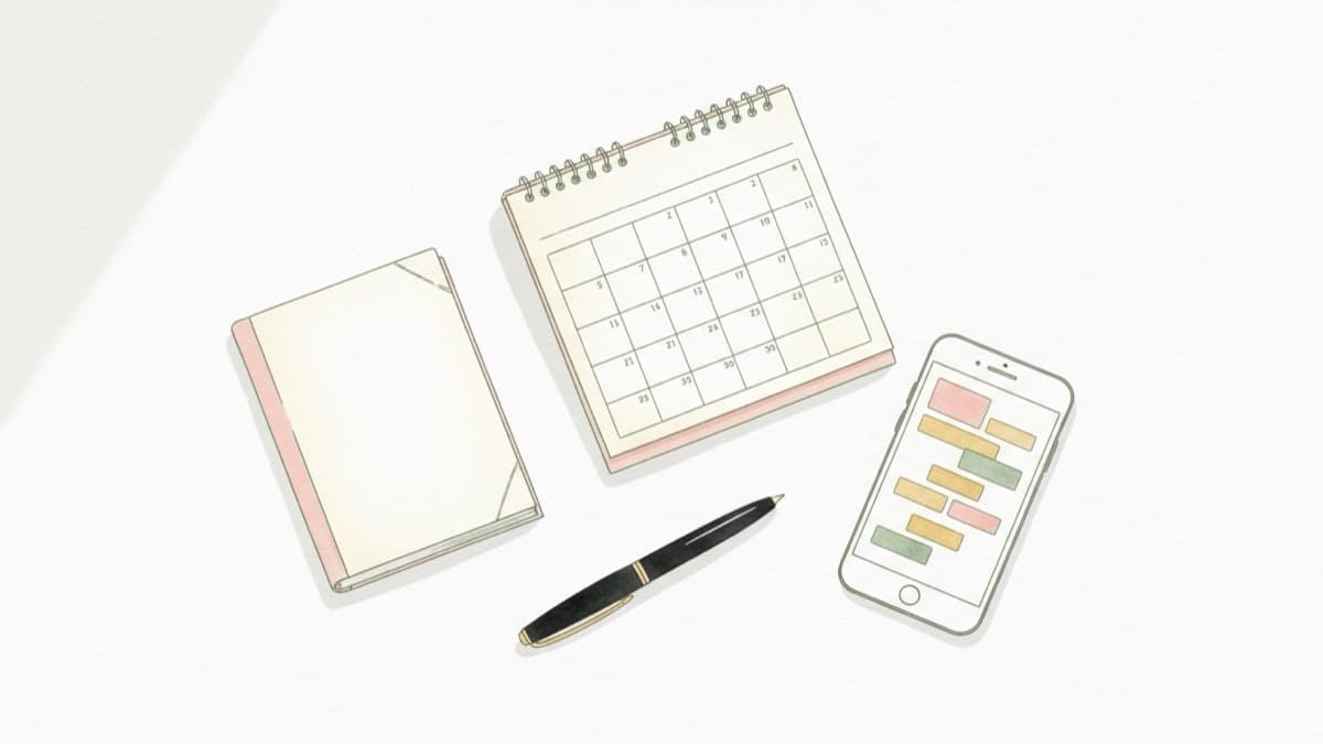 卓上カレンダーとノート、ペン、支払い項目を表示したスマートフォンが並ぶ机の俯瞰イラスト。日取りの選択や支払いスケジュールを整理する場面