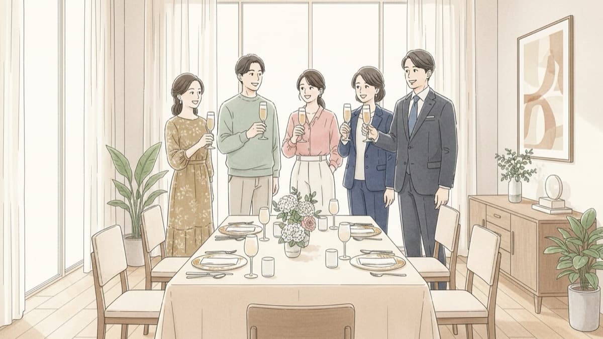明るいレストランの個室で、ふたりと両家の親がグラスを掲げて乾杯するイラスト。結納にかわる顔合わせ食事会の和やかで現代的な場面