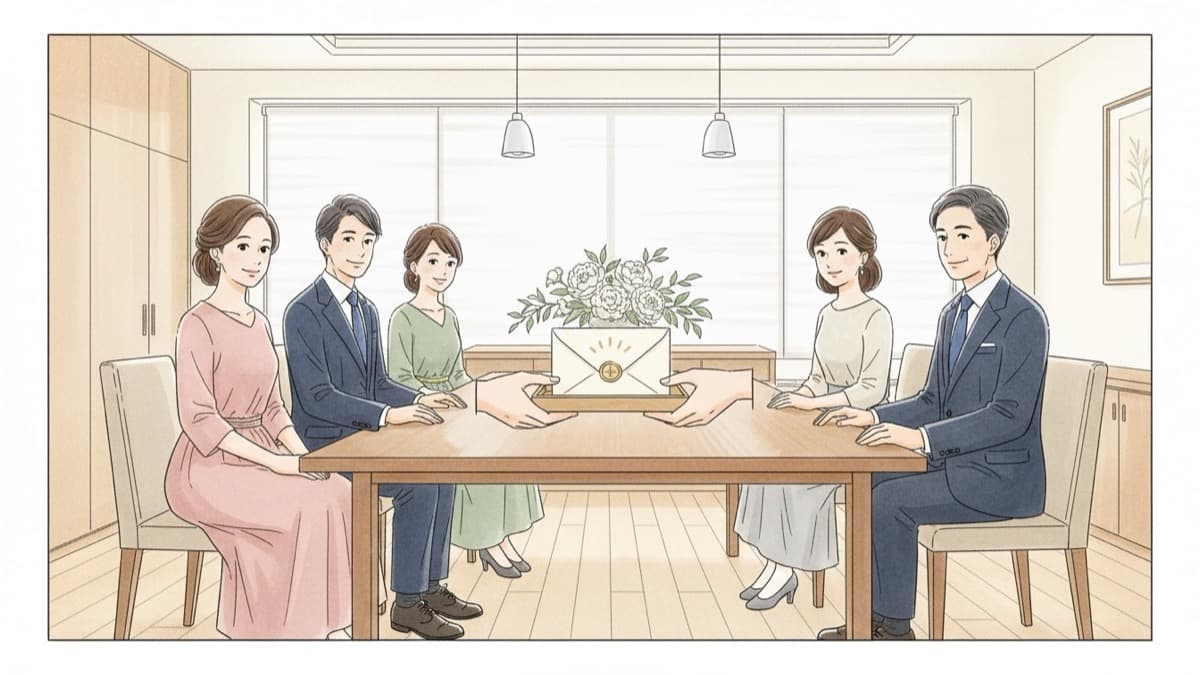 明るい個室で両家がテーブルを挟んで向かい合い、盆にのせた結納の袋を受け渡す略式結納のイラスト。スーツやワンピースの現代的な装いで婚約のけじめを交わす場面