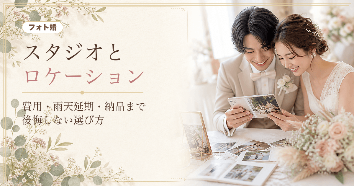フォトウェディングはスタジオとロケーションどっち?費用・雨天延期規定・納品まで後悔しない選び方 のヒーロー画像