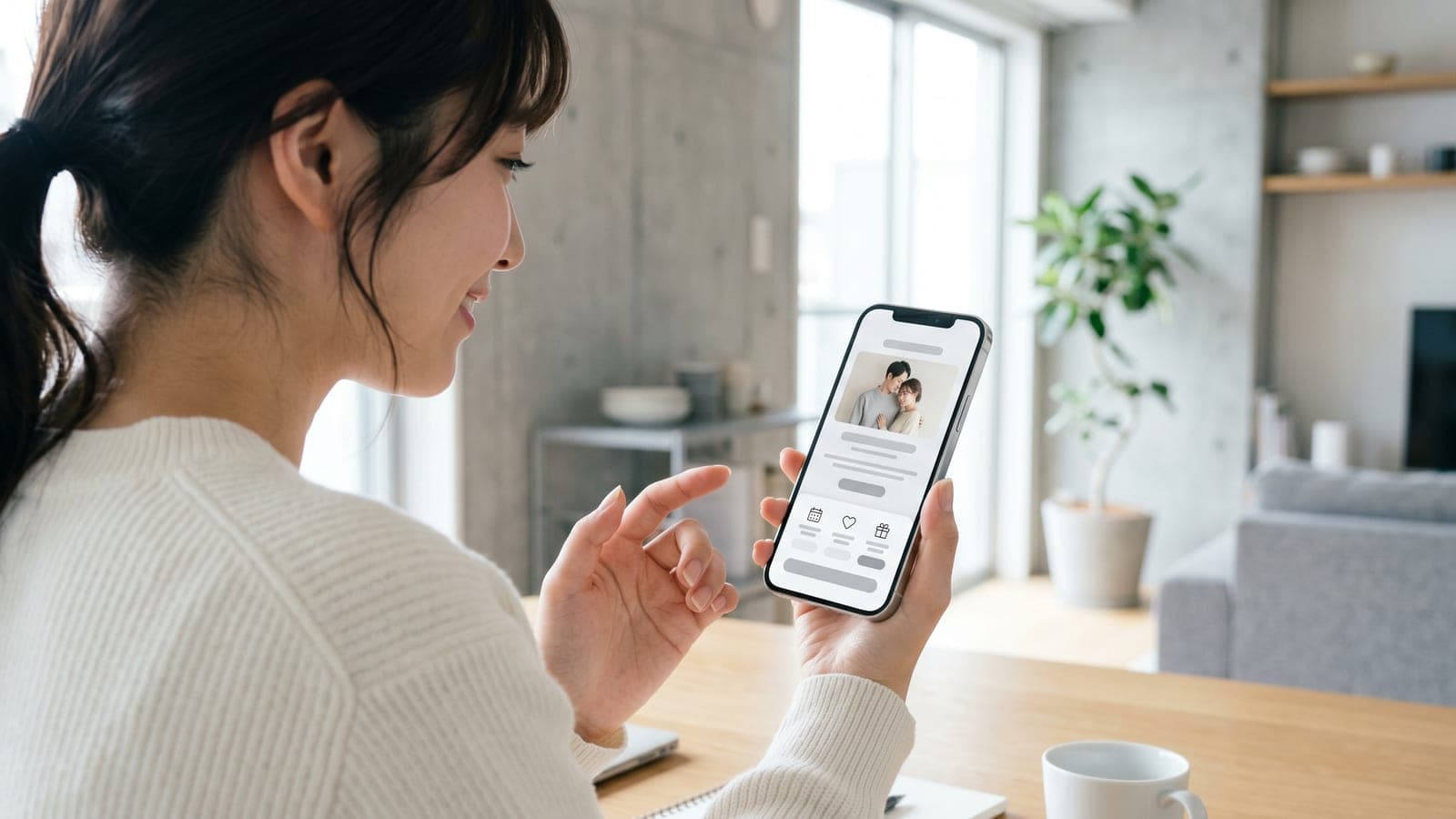 スマートフォンでWeb招待状とご祝儀の画面を眺める様子のイメージ。