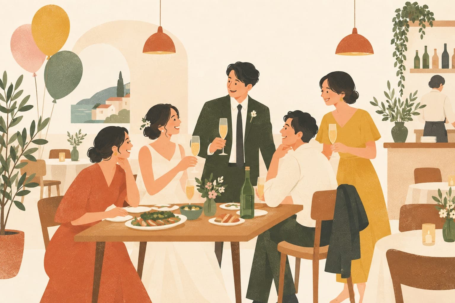 二次会で乾杯する人たちのイラスト