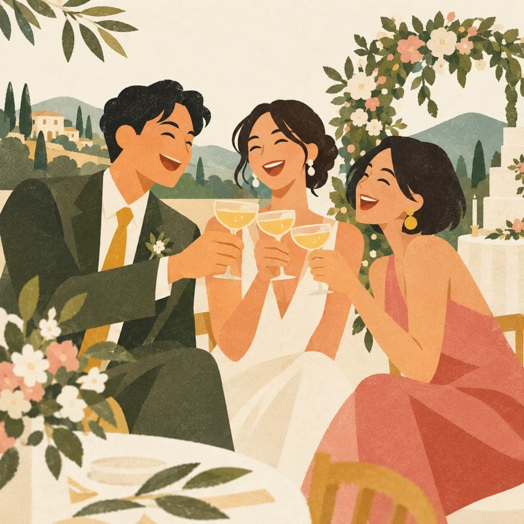 式で乾杯して楽しむ友人たちのイラスト