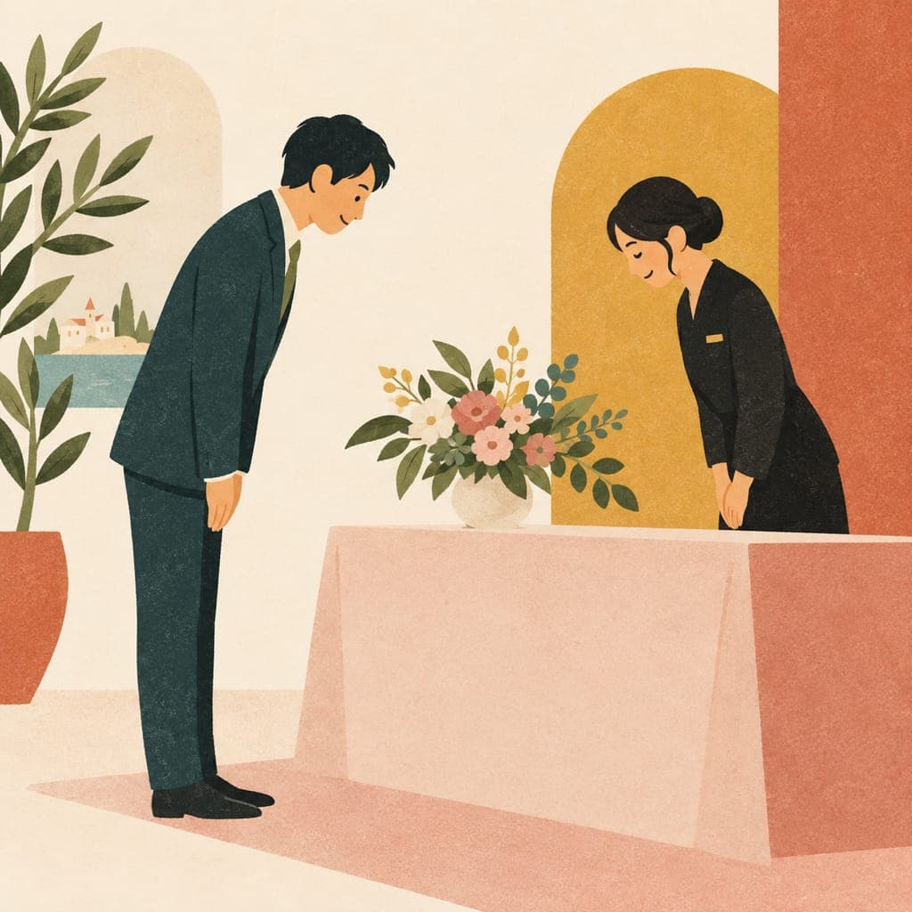 受付でゲストと会釈を交わすイラスト