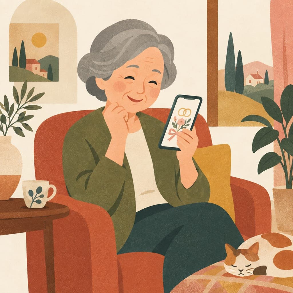 肘掛け椅子でスマホの招待状を見てほほえむ年配の女性のイラスト