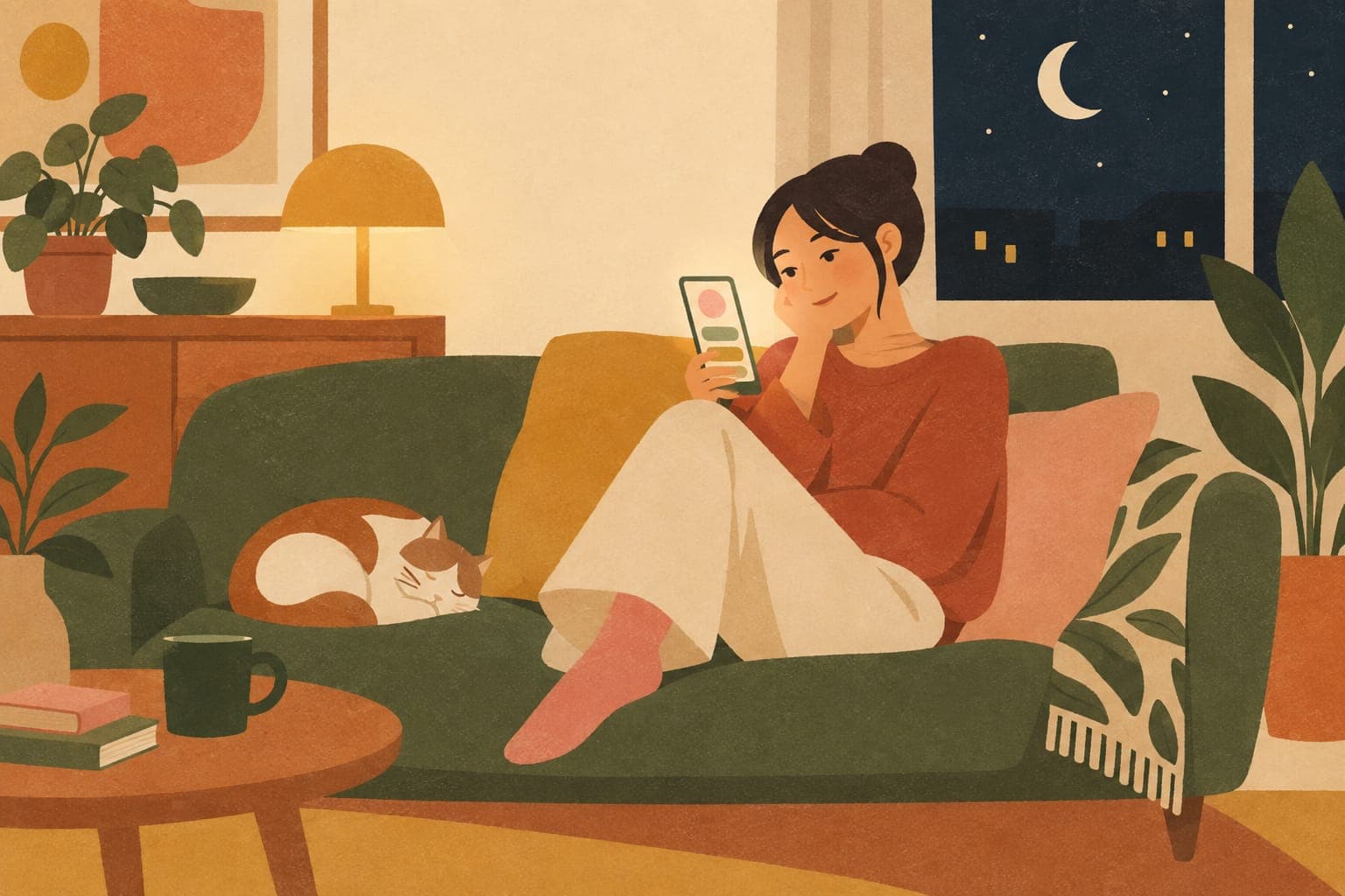 夜のソファでスマホを読む女性のイラスト