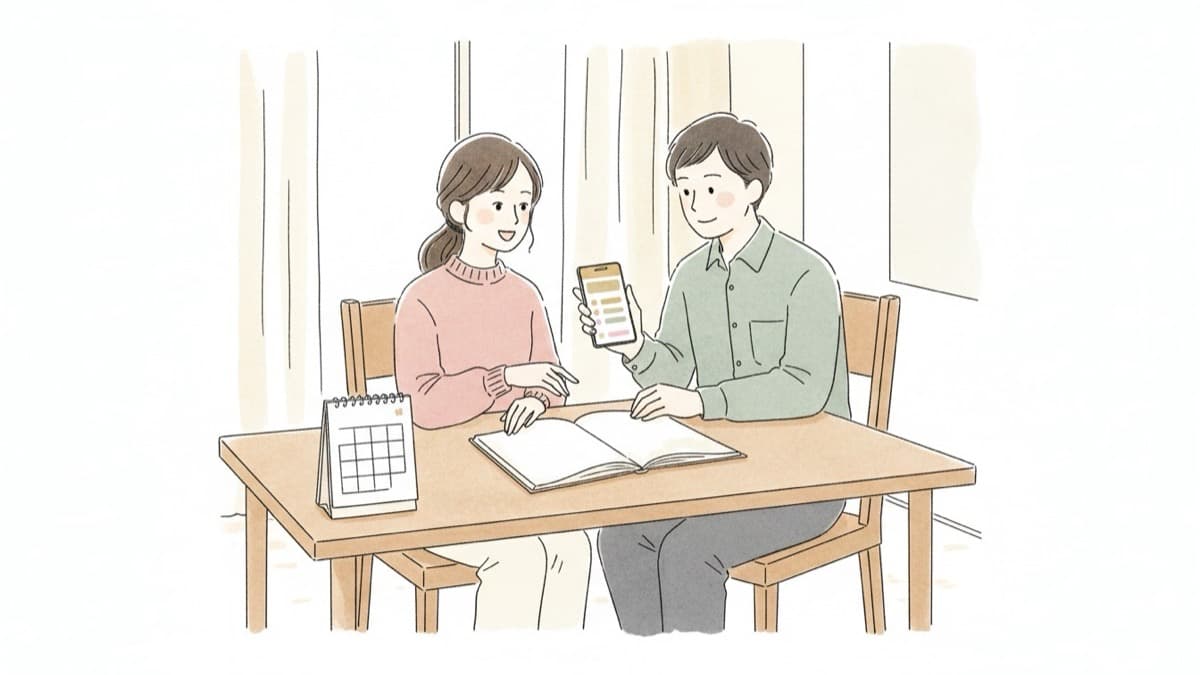 自宅のテーブルでノートと卓上カレンダーを広げ、スマートフォンでお店の候補リストを見ながら両家顔合わせ食事会の日取りを相談するふたりのイラスト