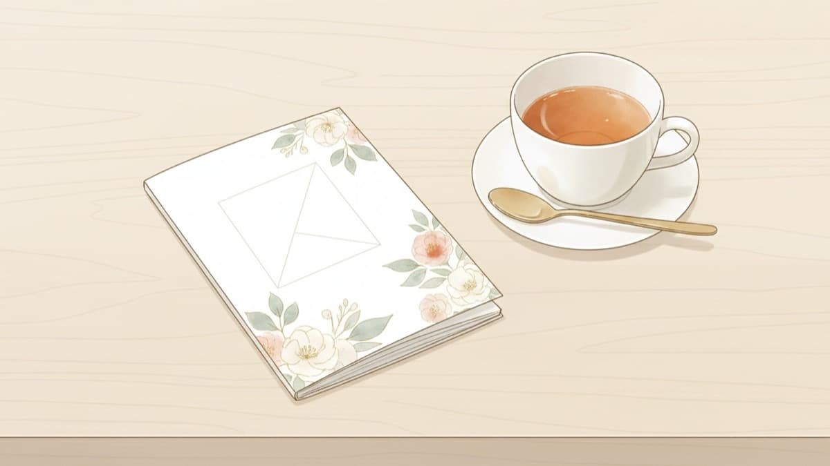 花柄の表紙の顔合わせしおりを紅茶のカップの隣に置いたイラスト。当日テーブルで配る、スケジュールや家族紹介をまとめた小さな冊子
