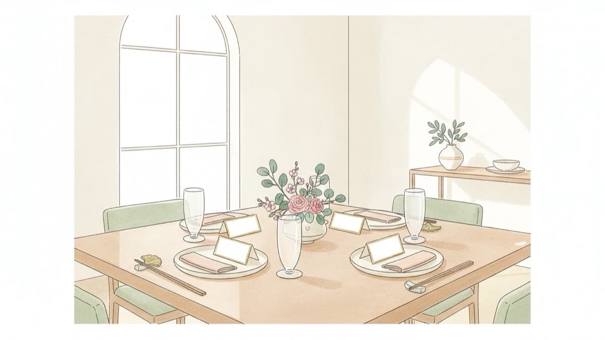 個室に整えられたレストランのテーブルのイラスト。皿とグラス、箸置き、季節の花のセンターピース、席札が並び、両家を迎える準備ができた当日の場面