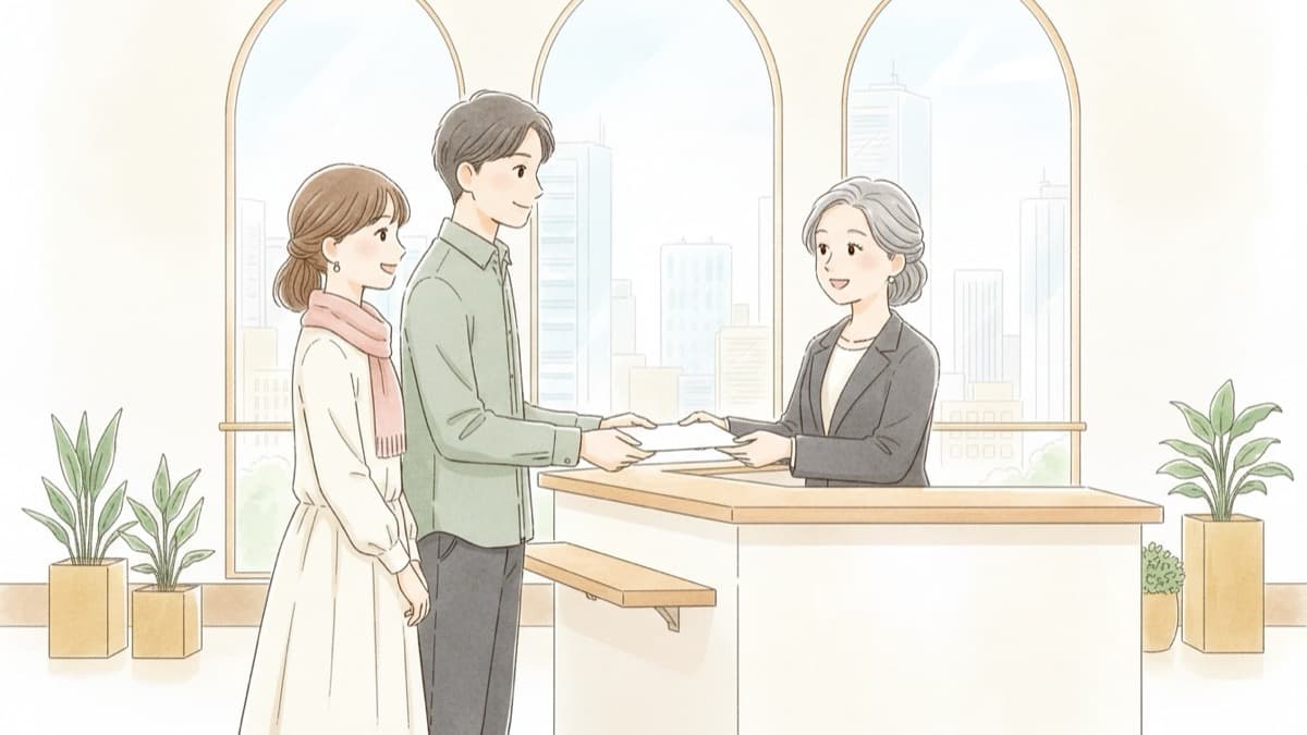 記入し終えた婚姻届を役所の窓口に提出するカップルのイラスト。本人確認書類を添えて受付に渡し、届出日を入籍日として手続きを進める、笑顔のふたりの場面