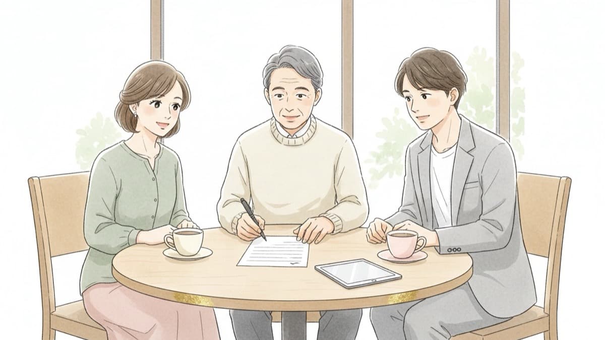 婚姻届の証人欄に署名してもらうため、両親や友人に用紙を渡して記入をお願いするイラスト。18歳以上の証人2名に、それぞれ直筆で氏名や住所を書いてもらう場面