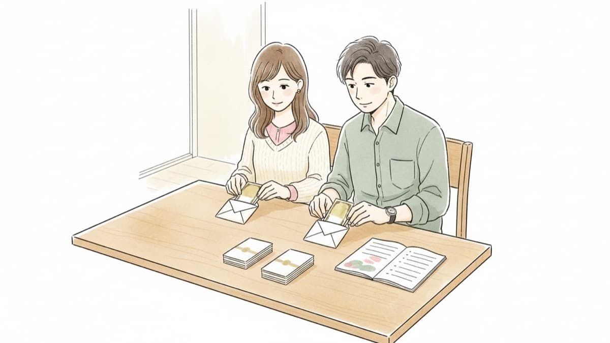 自宅の机でふたりがお札を小さな封筒に入れ、ノートのリストを確認しながら遠方ゲストごとのお車代を準備しているイラスト