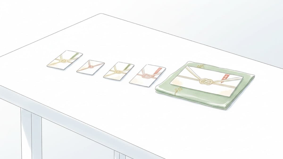 大きさの異なる水引付きの封筒とポチ袋を白い机に一列に並べ、1枚を絹の布の上にのせたイラスト。金額に合わせて封筒を選ぶ場面