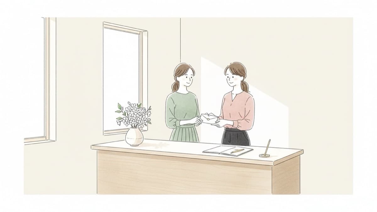 結婚式の受付テーブルで、記帳を終えたゲストに受付係がご祝儀袋のお車代を両手で差し出している様子を描いたイラスト