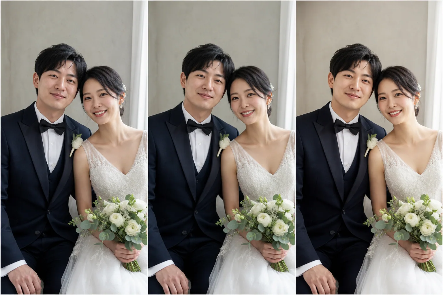 同じ人物写真に対するレタッチの濃さを3段階で比較した説明用の図解イメージ。肌や輪郭の加工を控えめ・標準・強めに変えた違いを示す。