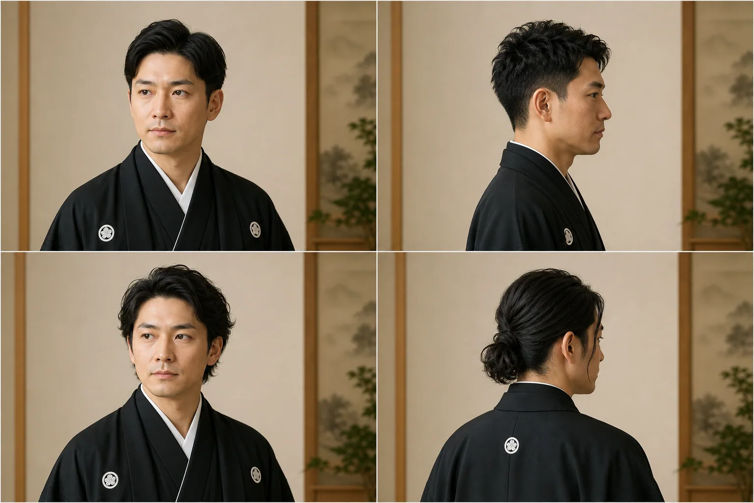 和装の新郎ヘアを4パターン並べた図解。七三、アップバング、オールバック、低めのまとめ髪で襟足と耳まわりを整えた違いを示している。