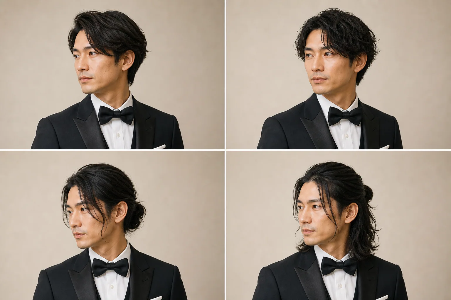 ミディアムから長めの新郎ヘアを4パターン並べた図解。かき上げ、ニュアンスパーマ、センターパート、オールバックの毛流れの違いを示している。
