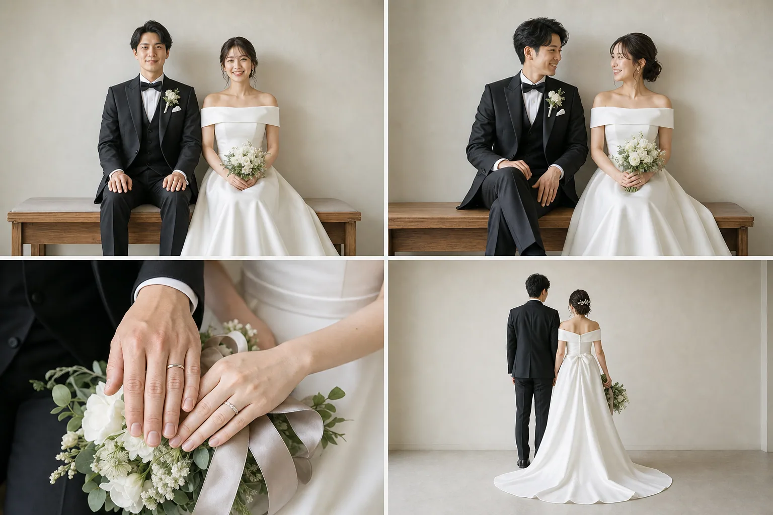 新郎新婦がベンチに並んで座る2ポーズ、指輪を重ねた手元をブーケに添えた寄りのカット、白背景で後ろ姿を見せるドレスのバックスタイルを並べた4分割の解説イメージ