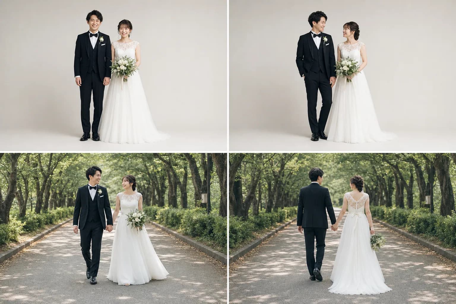 洋装の新郎新婦が白背景で正面と斜めに並んで立つ2ポーズと、並木道を手をつないで歩く正面・後ろ姿の2ポーズを並べた4分割の解説イメージ