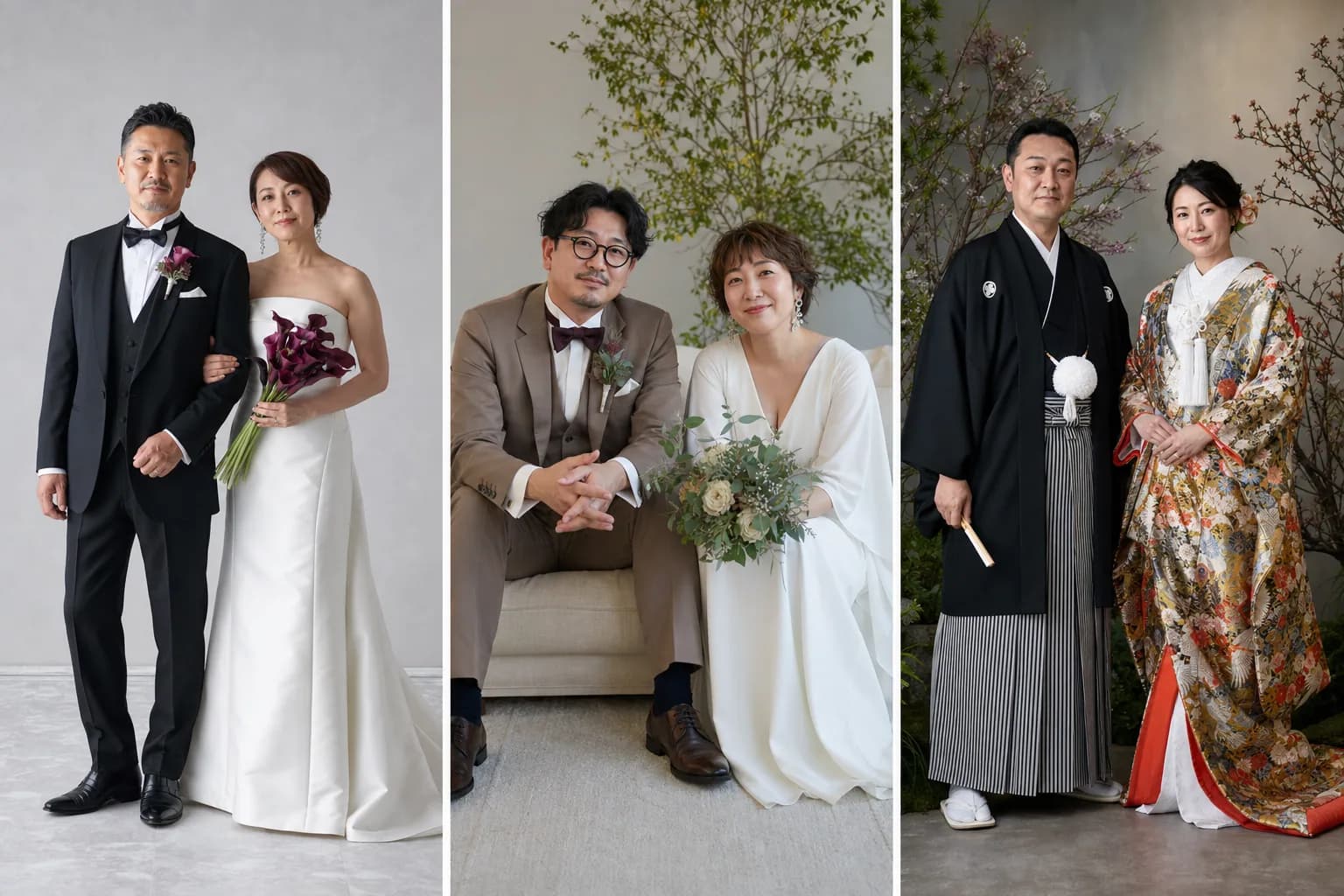 40代カップルのフォトウェディングのイメージ。タキシードと白ドレス、ベージュのスーツと長袖ドレスで座る構図、黒紋付と色打掛の和装の3場面