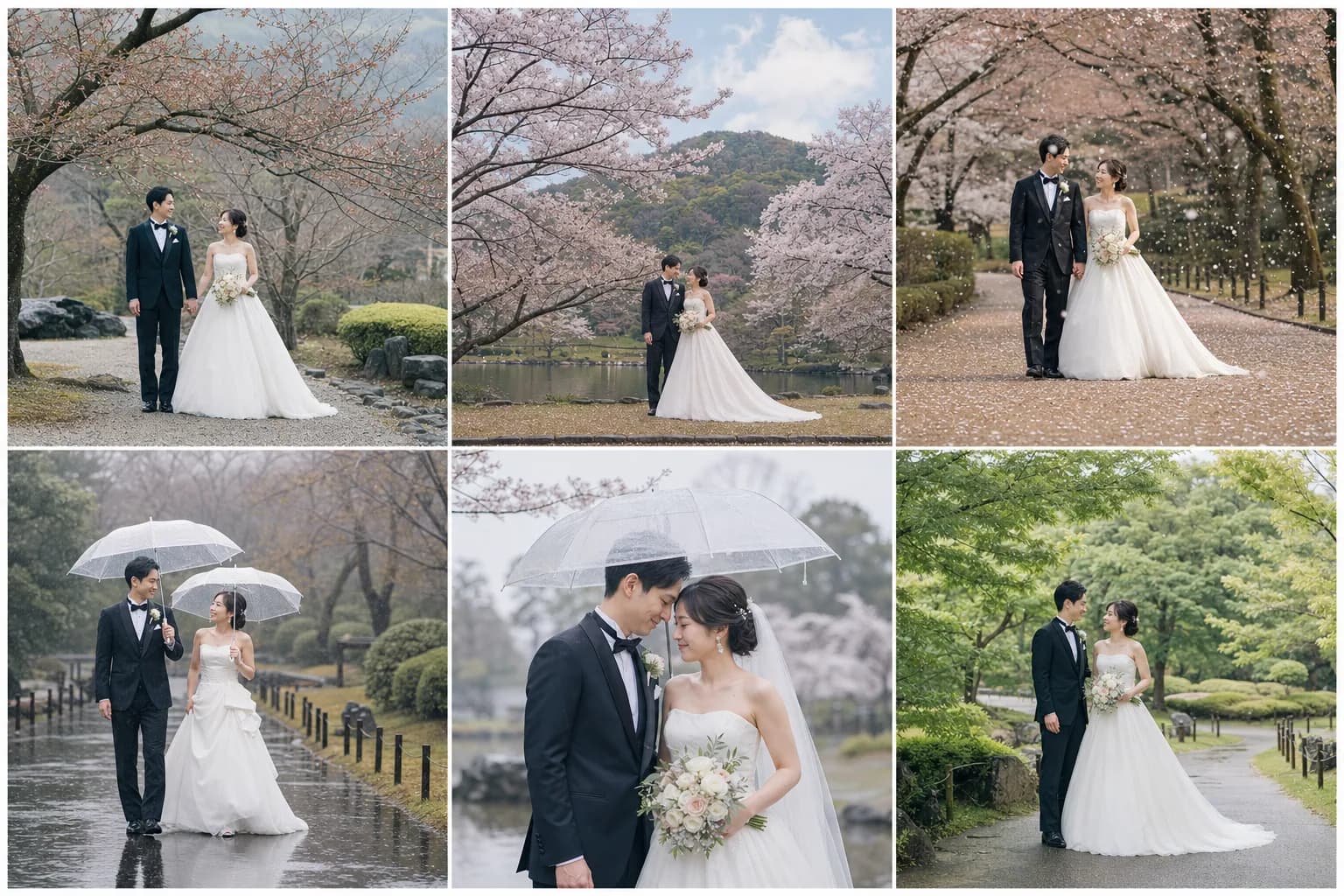 満開の桜並木、桜のトンネル、花びらが舞う参道、和装や洋装での撮影など6つの構図を並べた桜フォトウェディングのイメージ図