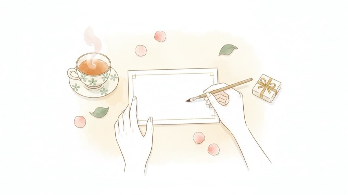お祝いのカードを書き上げた明るい机のイラスト。花びらとお茶、金色のリボンがかかった小さなギフトボックスが並ぶ出席返信のイメージ