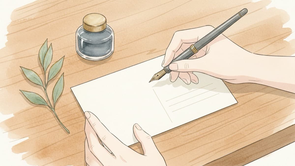 返信はがきに万年筆でメッセージを書き始める手元のイラスト。インク瓶とグリーンの小枝が添えられた、結婚式の返信メッセージを書く場面