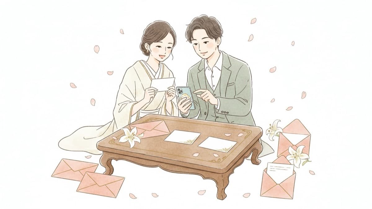 届いた返信カードとスマートフォンのメッセージを並んで読みながら微笑む新郎新婦のイラスト。返信メッセージが新郎新婦に届く場面