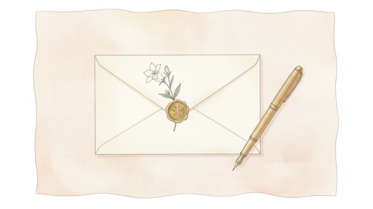 白い小花を添えた封筒と万年筆が淡いリネンの上に置かれた静かなイラスト。欠席の返信を丁寧に伝えるイメージ