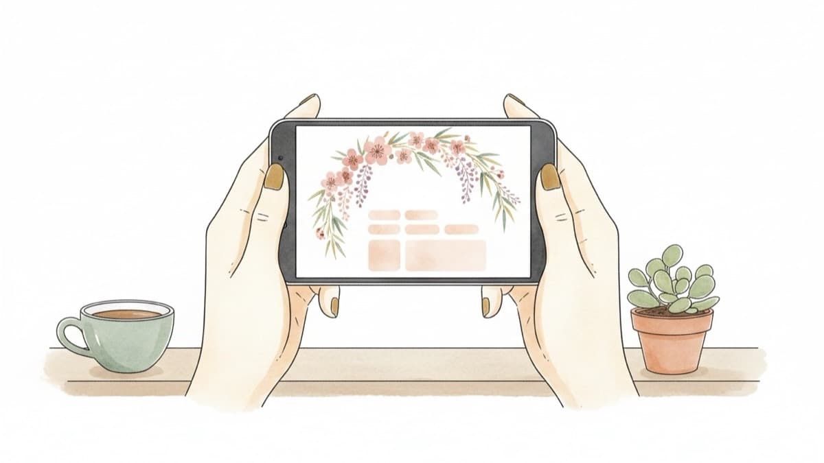 スマートフォンに表示されたWeb招待状の回答フォームを両手で操作するイラスト。カフェのテーブルでコーヒーを傍らに返信メッセージを入力する場面