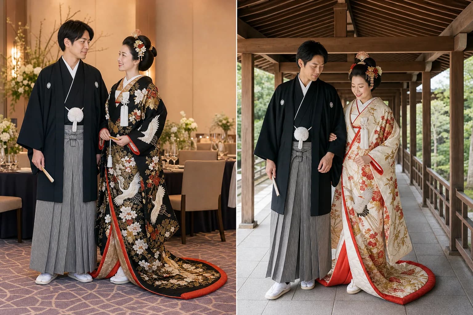 引き振袖を着た花嫁の全身を二場面で並べたイメージ図。裾を引いて着る振袖で、帯結びや小物のアレンジと動きやすさがわかる様子