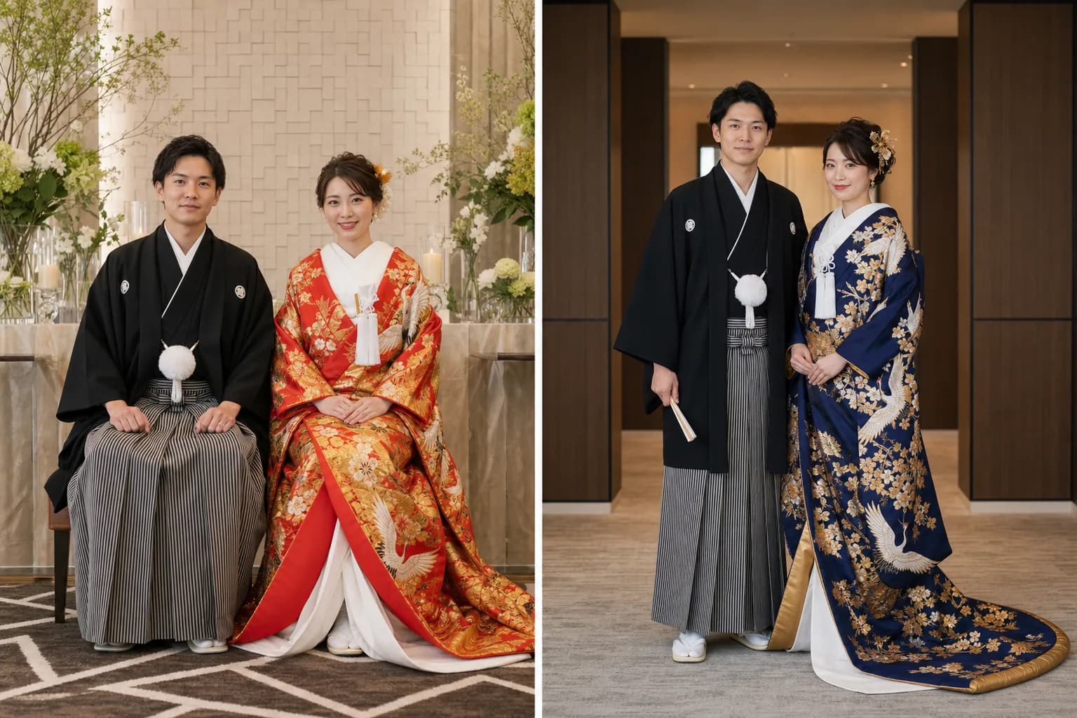 色打掛を着た花嫁の全身を二場面で並べたイメージ図。赤や金の地に鶴などの刺繍を施した華やかな婚礼和装で、お色直しにも映える様子