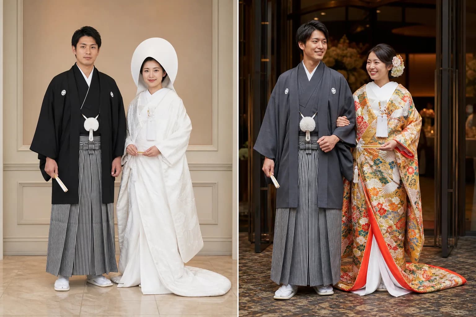黒五つ紋付羽織袴を着た新郎の全身を二場面で並べたイメージ図。羽織・長着・仙台平の袴で構成される新郎の第一礼装の様子