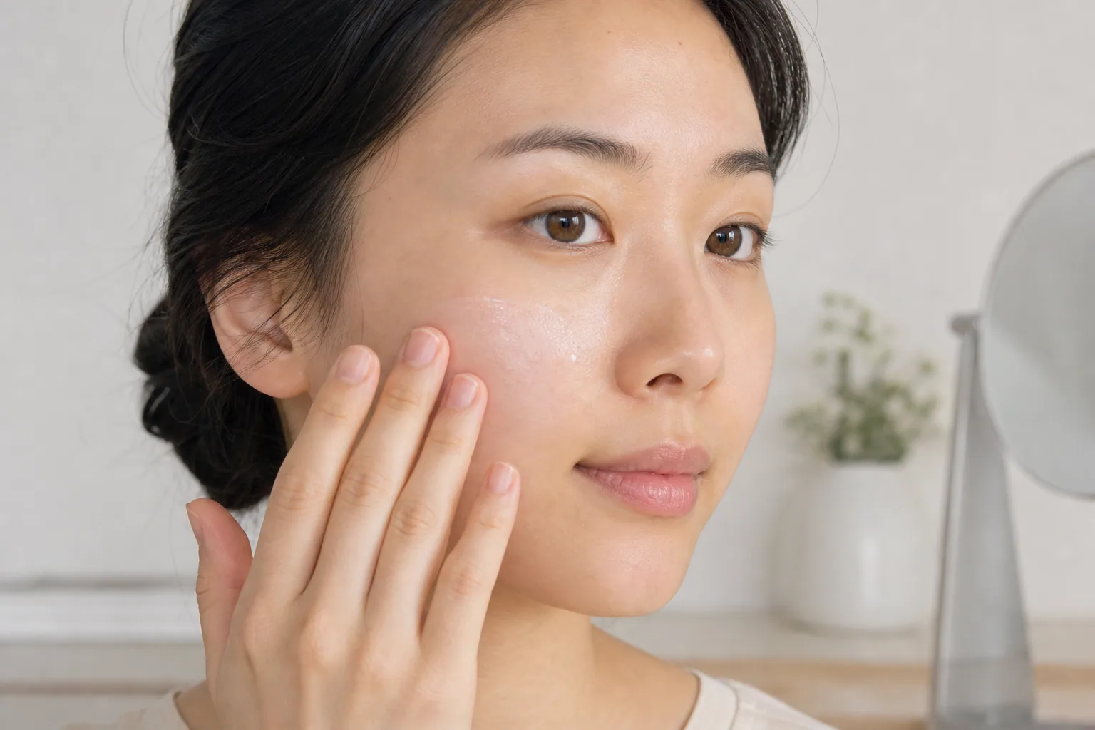 指先で頬に下地をなじませ、皮脂や乾燥が出やすい場所ごとに量を変えて薄く伸ばしているベースメイクの工程図解