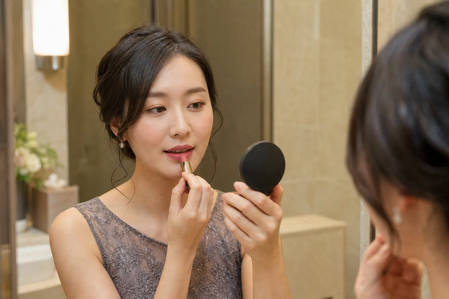 結婚式会場のパウダールームで手鏡を見ながら、食事のあとにリップを塗り直しているお呼ばれメイクのお直し工程イメージ
