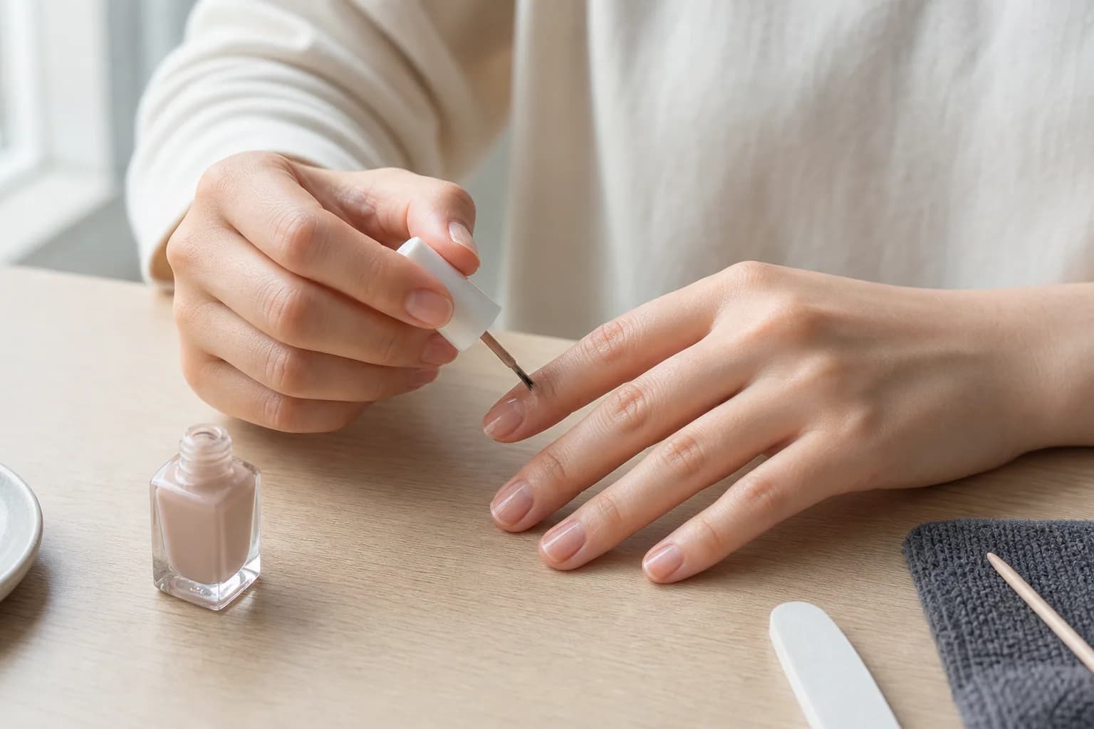 木のテーブルで、片手にマニキュアの筆を持ち、もう片方の手の爪へ淡いベージュを塗っているところ。そばにネイルファイルとウッドスティックが並ぶ