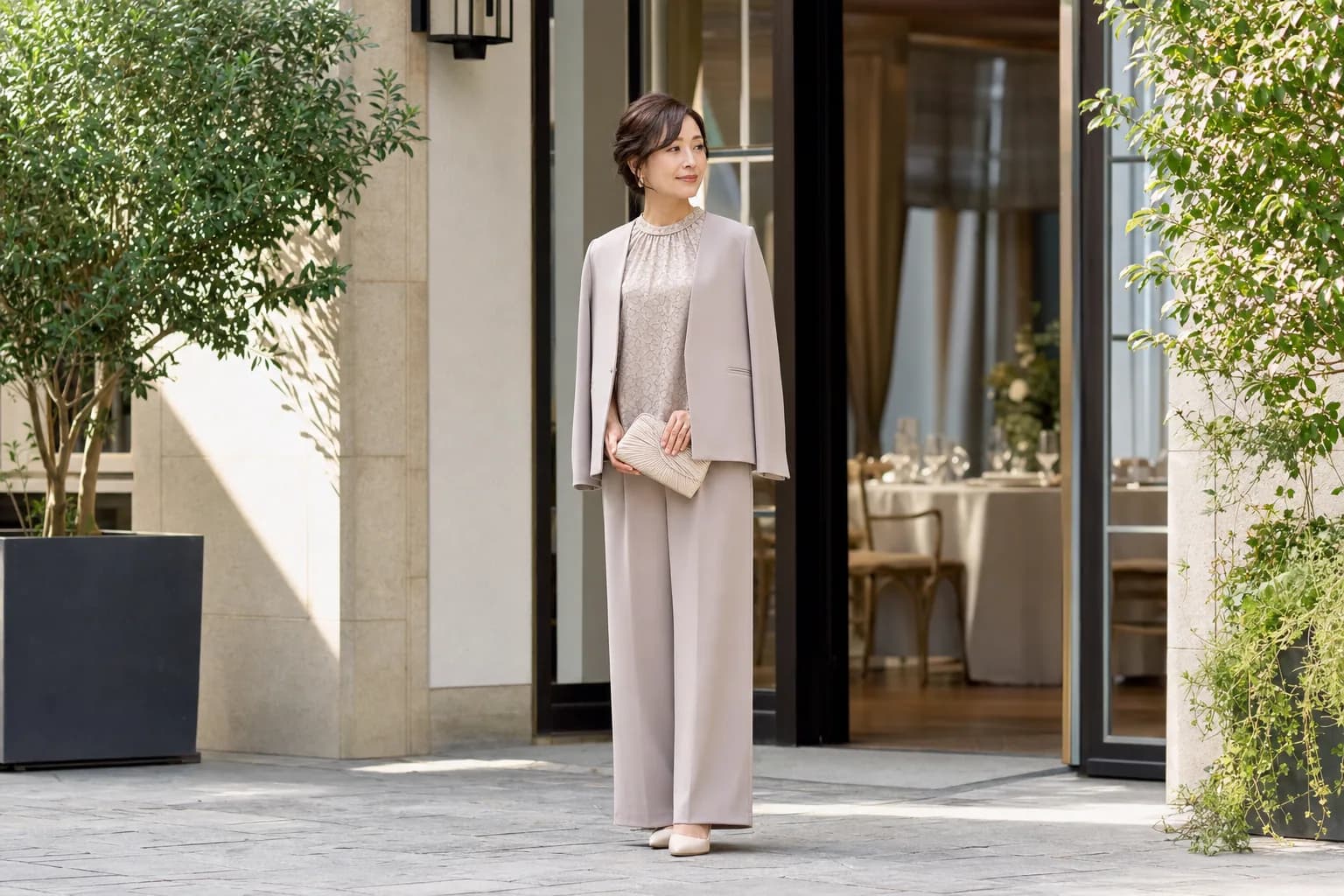レストランの入口前で、グレージュのノーカラージャケットに同色のワイドパンツとレースのトップスを合わせ、光沢のあるクラッチとベージュのパンプスを持った女性の全身