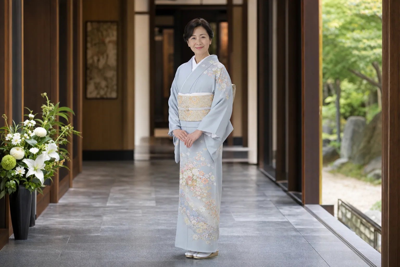 和風建築の廊下で、肩から裾へ花模様が続く水色の訪問着に、金糸の袋帯と白い帯揚げ、白い足袋と草履を合わせた女性の全身