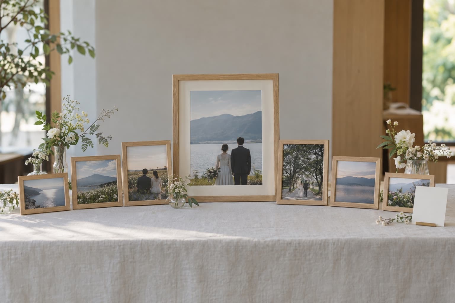 白いクロスを掛けた机の中央に大きな写真立てを1つ置き、左右に小さな写真立てを外側へ低くなるように並べたウェルカムスペース。右端に小さなカードが立っている